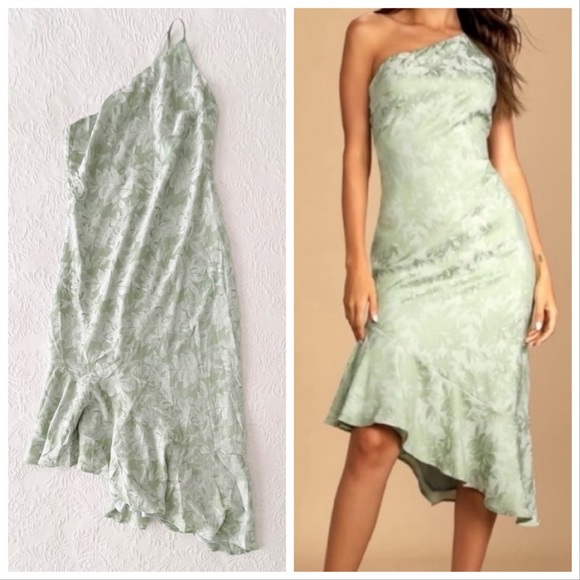 Lulus Dresses & Skirts - NWOT Lulus Sweet and Stylish Green Floral Jacquard One-Shoulder Midi Dress